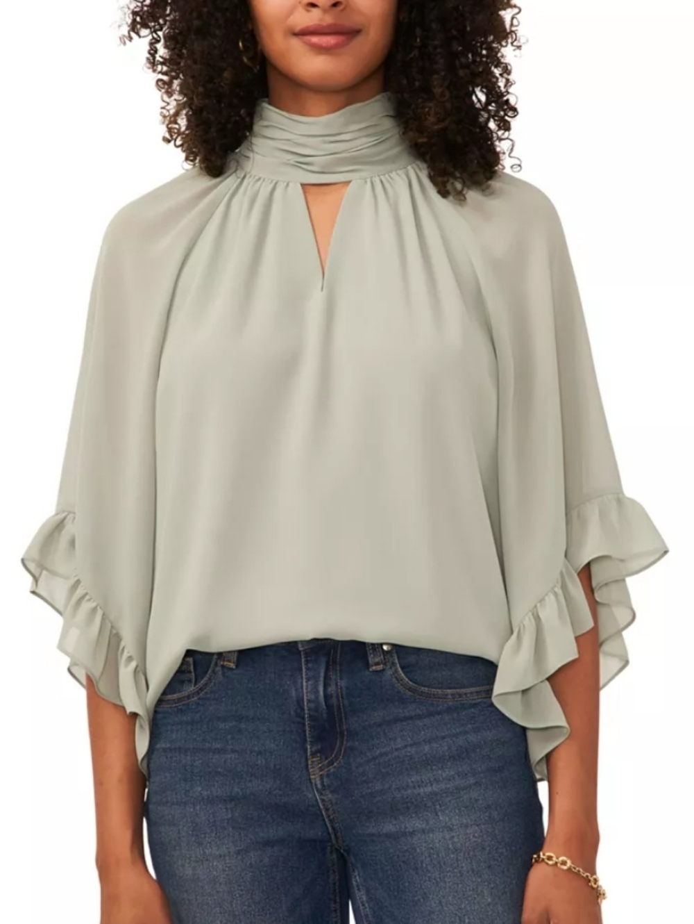 Vince Camuto Sage Green Scarf-Neck Ruffle Sleeve Blouse Sz M NEW Career Wear